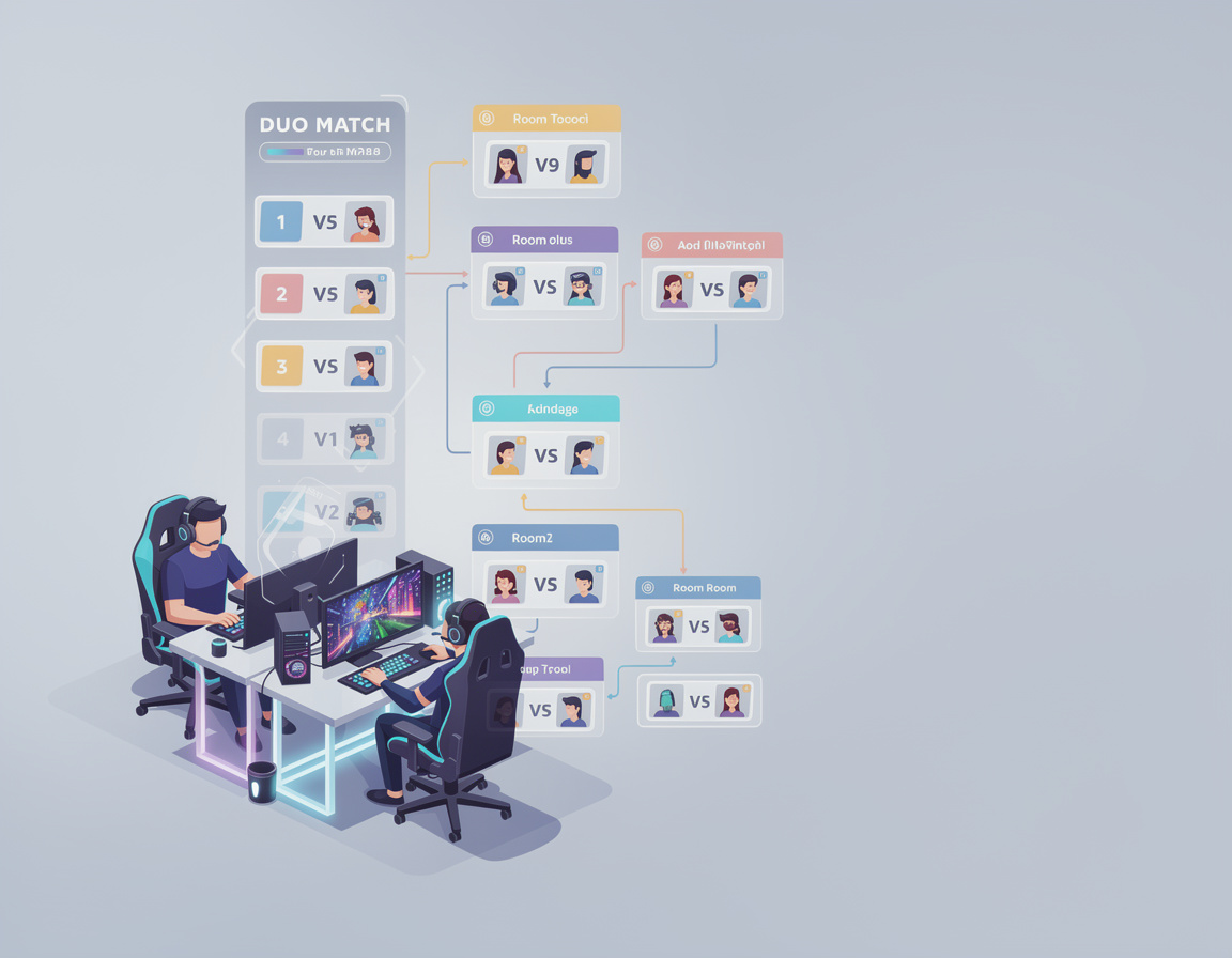 Ilustrasi duo match format guide untuk turnamen game online aladin88 dengan bracket dan room match