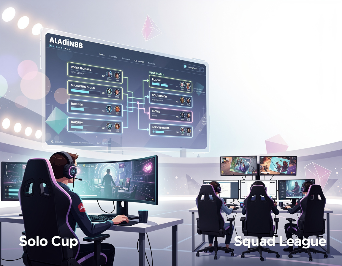 Ilustrasi solo cup vs squad league untuk turnamen game online aladin88 dengan bracket dan room match
